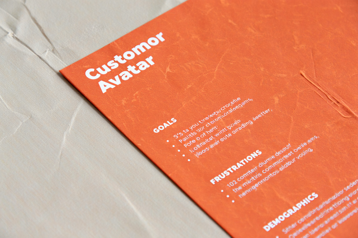 An infographic displaying a sample Customer Avatar profile with sections for goals, frustrations, and demographics.